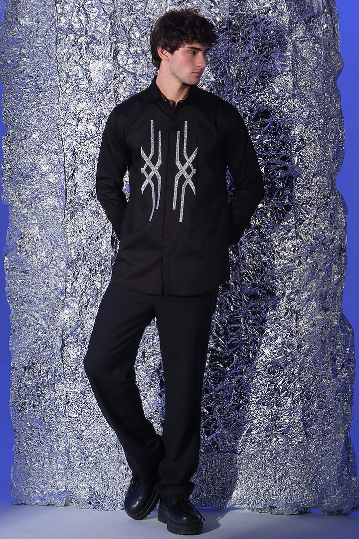 Black Stretchable Cotton Hand Embroidered Party Wear Shirt by SANJANA REDDY MEN at Pernia's Pop Up Shop