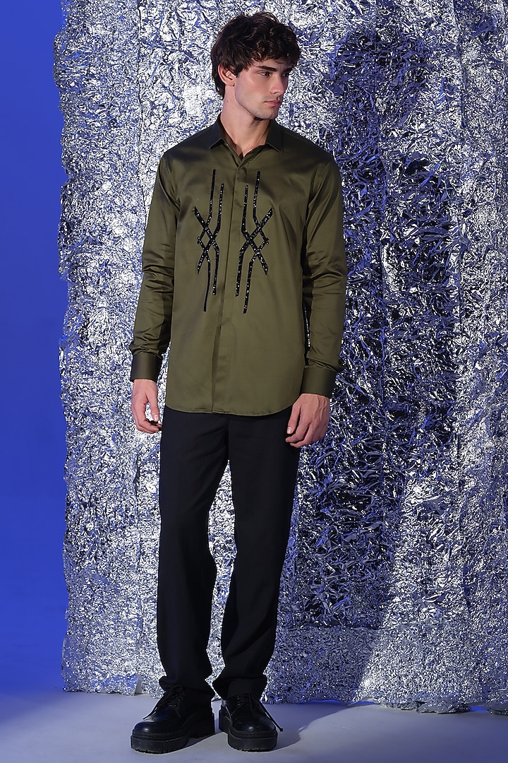 Olive Green Stretchable Cotton Hand Embroidered Party Wear Shirt by SANJANA REDDY MEN at Pernia's Pop Up Shop