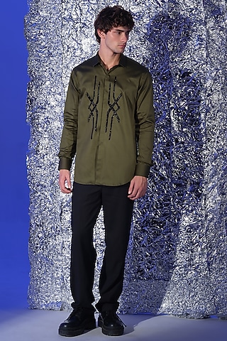 Olive Green Stretchable Cotton Hand Embroidered Shirt by SANJANA REDDY MEN