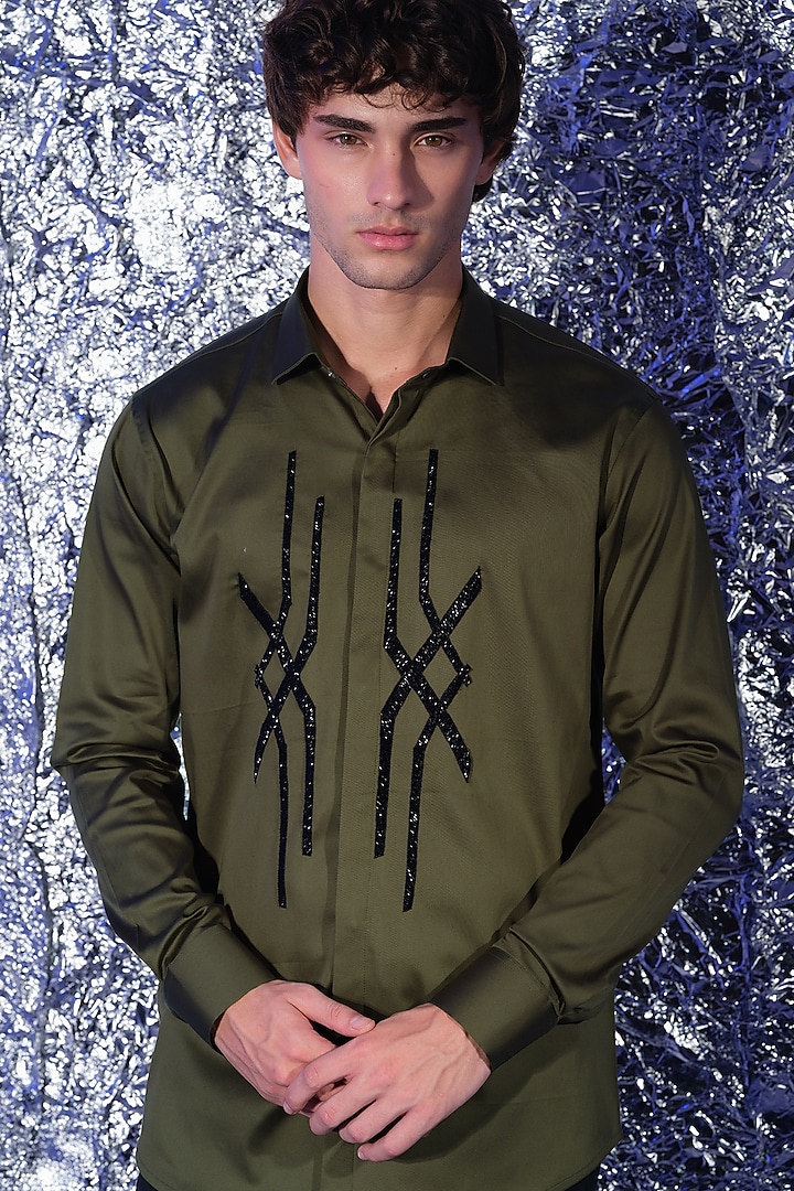 Olive Green Stretchable Cotton Hand Embroidered Party Wear Shirt by SANJANA REDDY MEN at Pernia's Pop Up Shop