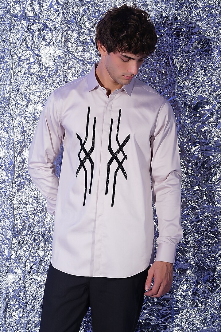 Grey Stretchable Cotton Hand Embroidered Party Wear Shirt by SANJANA REDDY MEN at Pernia's Pop Up Shop