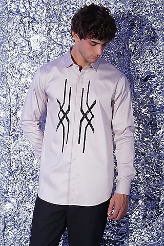 Grey Stretchable Cotton Hand Embroidered Shirt by SANJANA REDDY MEN