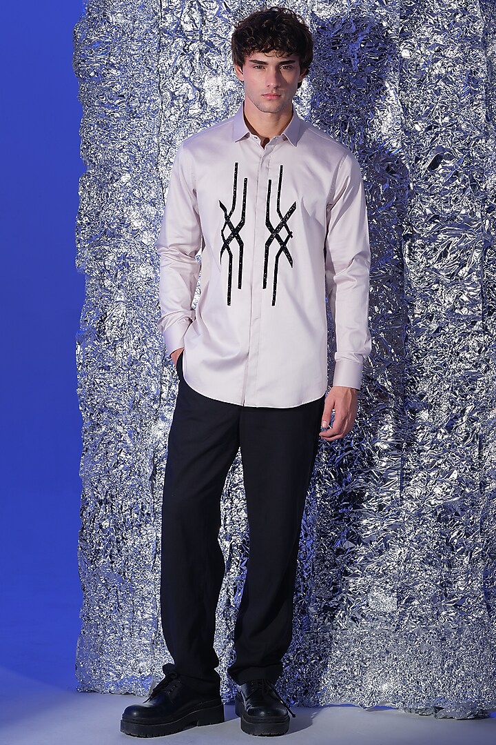 Grey Stretchable Cotton Hand Embroidered Party Wear Shirt by SANJANA REDDY MEN at Pernia's Pop Up Shop