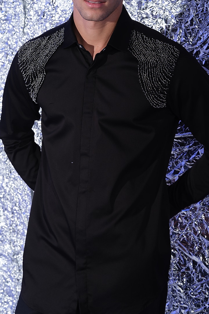 Black Stretchable Cotton Hand Embroidered Party Wear Shirt by SANJANA REDDY MEN at Pernia's Pop Up Shop