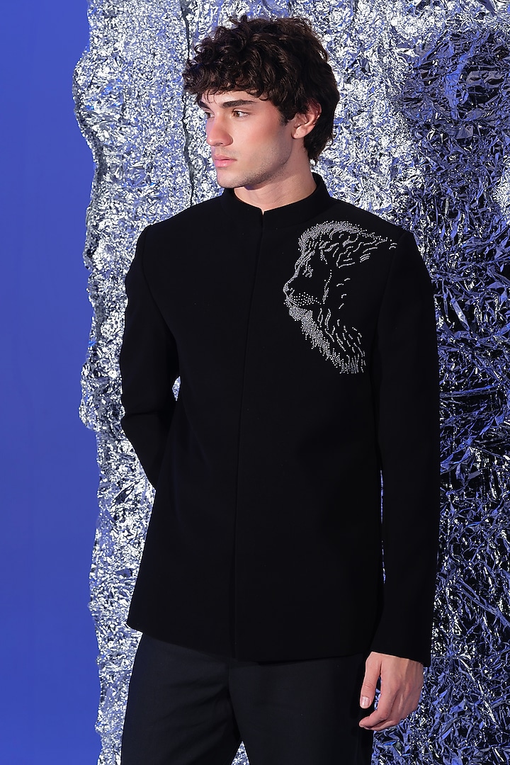 Black Poly Italian Fabric Embroidered Wedding Bandhgala Set by SANJANA REDDY MEN at Pernia's Pop Up Shop