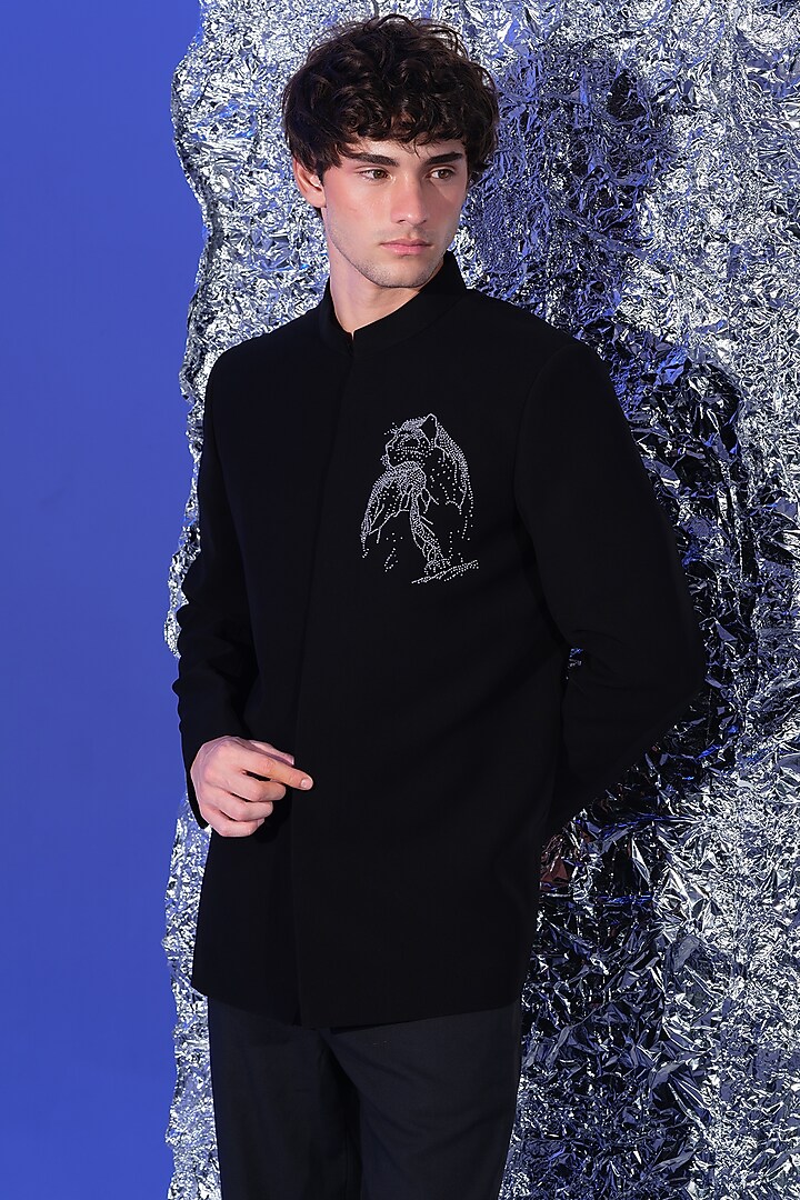 Black Poly Italian Fabric Embroidered Wedding Bandhgala Set by SANJANA REDDY MEN at Pernia's Pop Up Shop