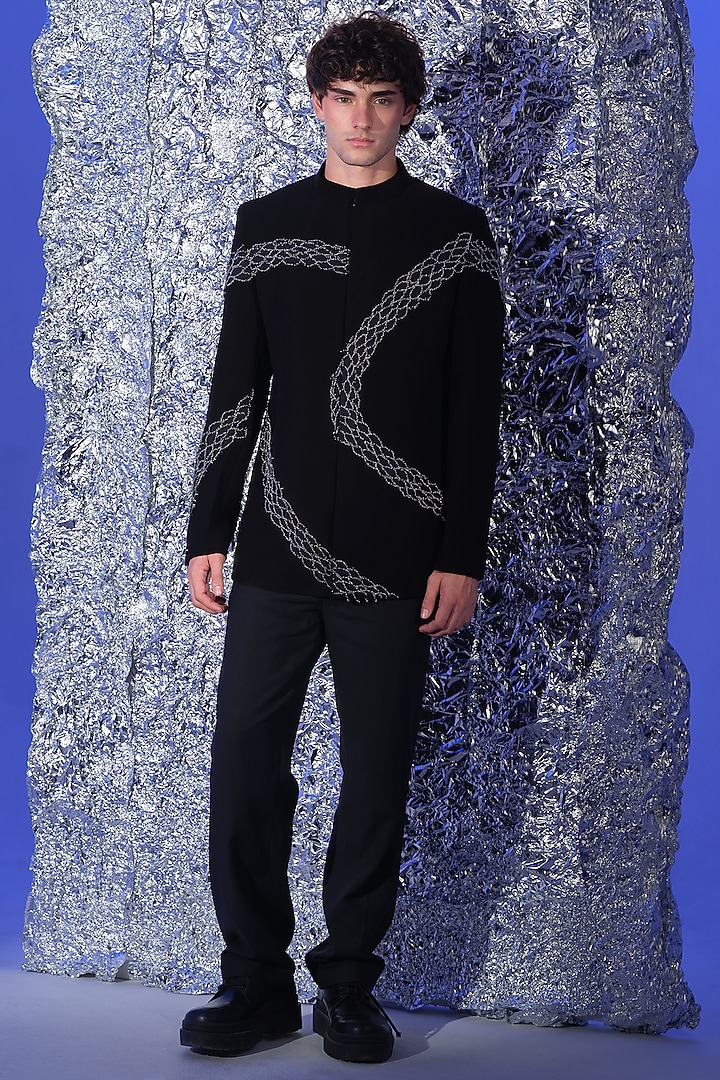 Black Poly Italian Fabric Embellished Wedding Bandhgala Set by SANJANA REDDY MEN at Pernia's Pop Up Shop