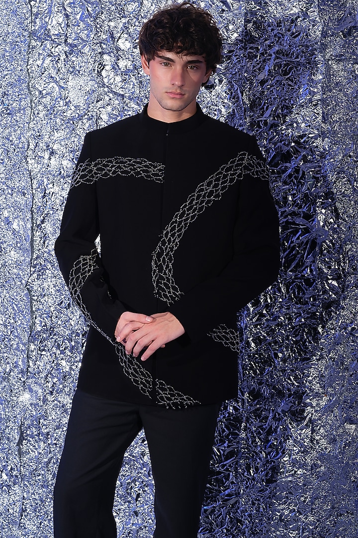 Black Poly Italian Fabric Embellished Wedding Bandhgala Set by SANJANA REDDY MEN at Pernia's Pop Up Shop