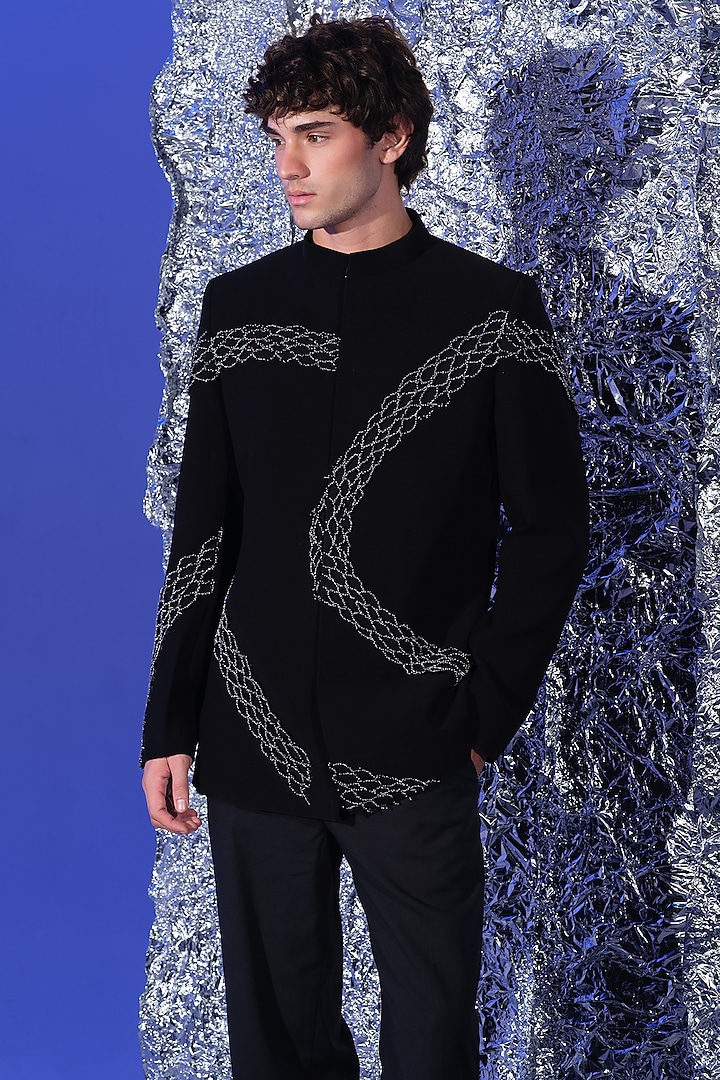 Black Poly Italian Fabric Embellished Wedding Bandhgala Set by SANJANA REDDY MEN at Pernia's Pop Up Shop