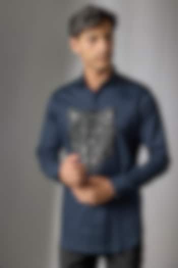 Navy Blue Stretchable Cotton Shirt by SANJANA REDDY MEN at Pernia's Pop Up Shop