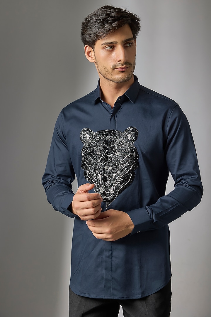 Navy Blue Stretchable Cotton Shirt by SANJANA REDDY MEN at Pernia's Pop Up Shop