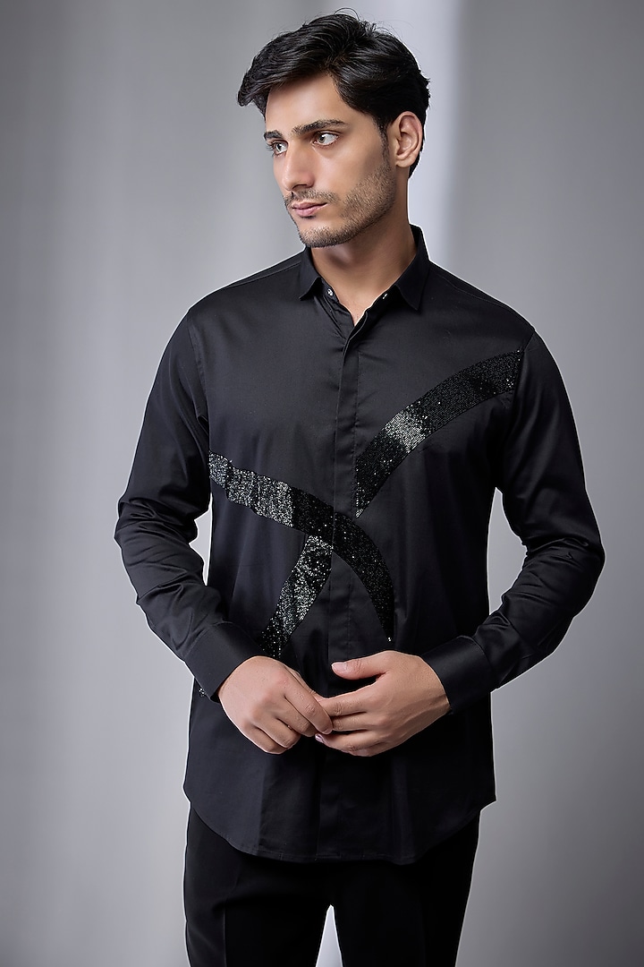 Black Cotton Party Wear Shirt by SANJANA REDDY MEN at Pernia's Pop Up Shop