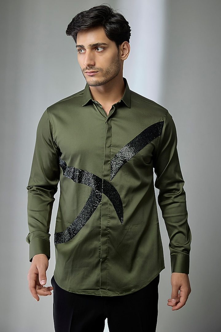 Green Cotton Party Wear Shirt by SANJANA REDDY MEN at Pernia's Pop Up Shop