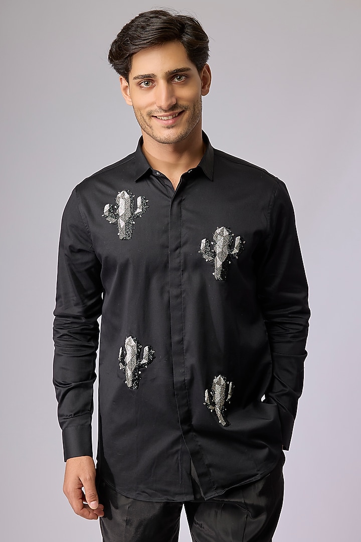 Black Cotton Shirt by SANJANA REDDY MEN