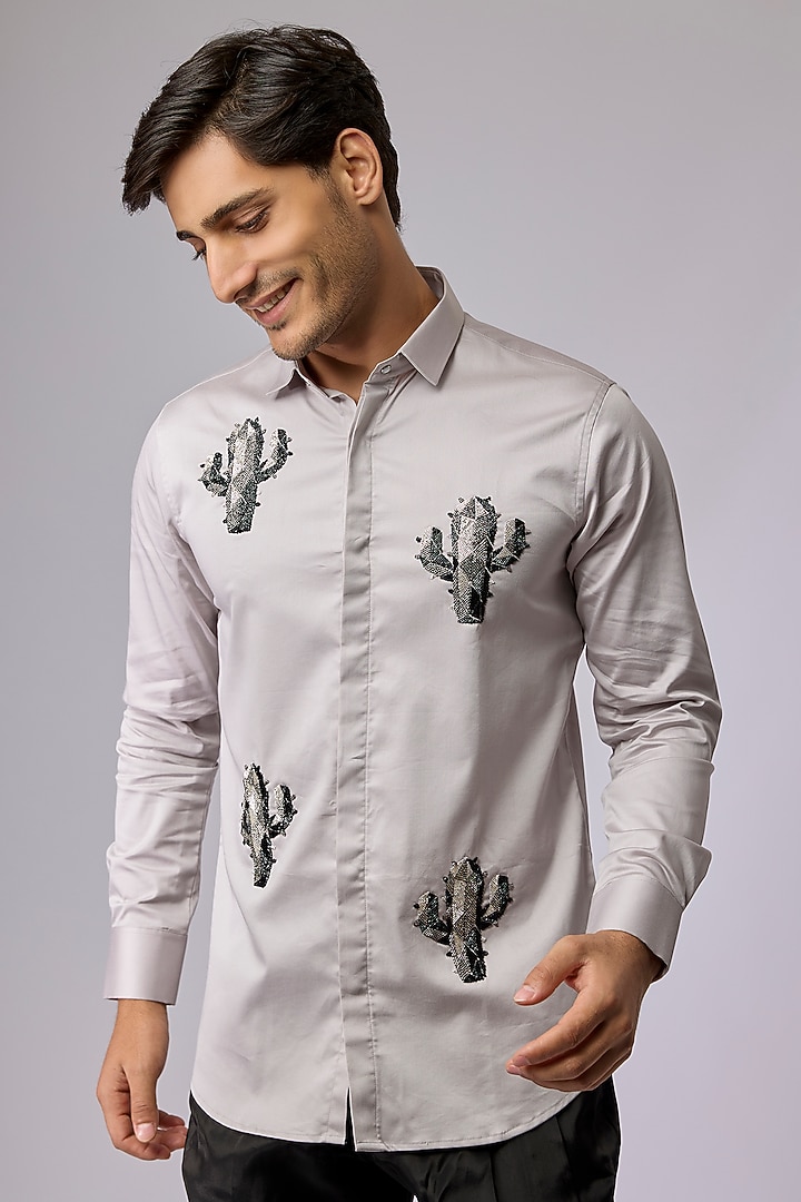 Grey Cotton Shirt by SANJANA REDDY MEN