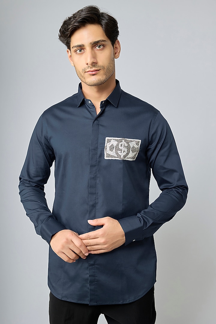 Blue Cotton Party Wear Shirt by SANJANA REDDY MEN at Pernia's Pop Up Shop