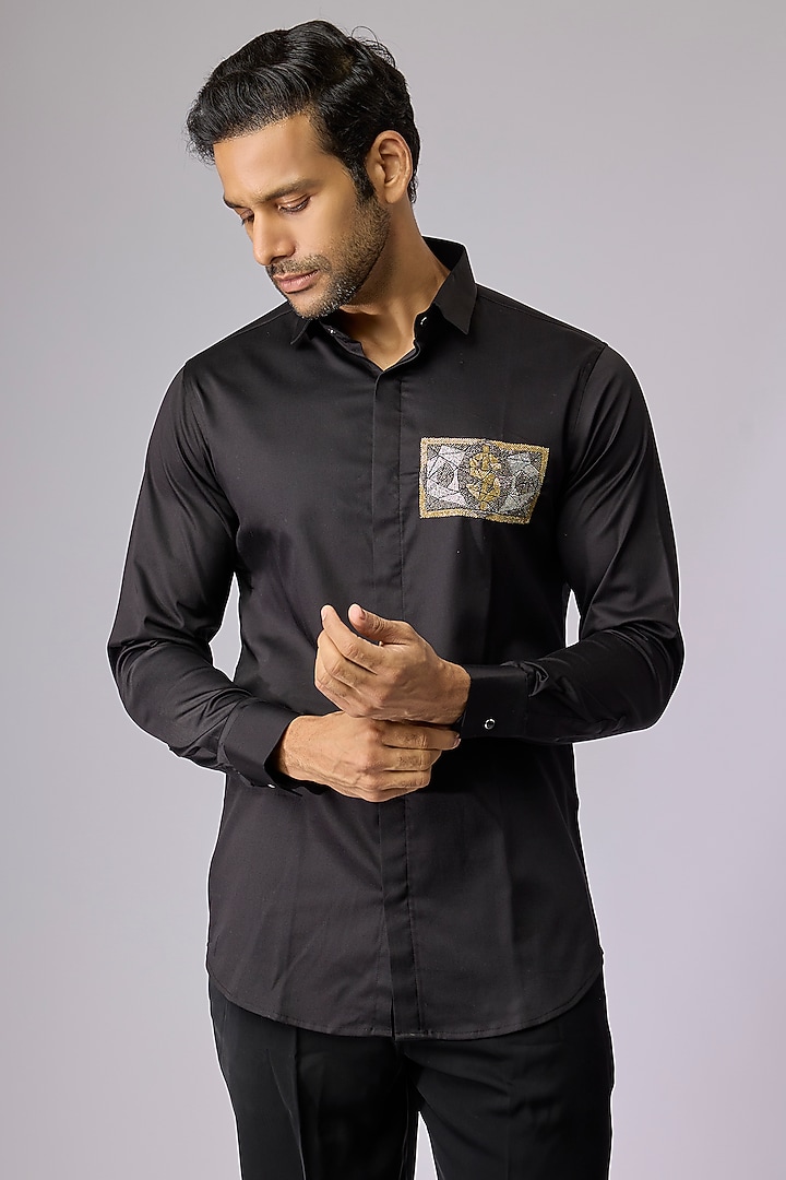 Black Cotton Shirt by SANJANA REDDY MEN
