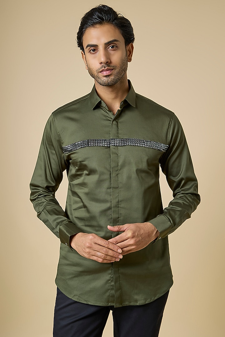 Green Cotton Party Wear Shirt by SANJANA REDDY MEN at Pernia's Pop Up Shop