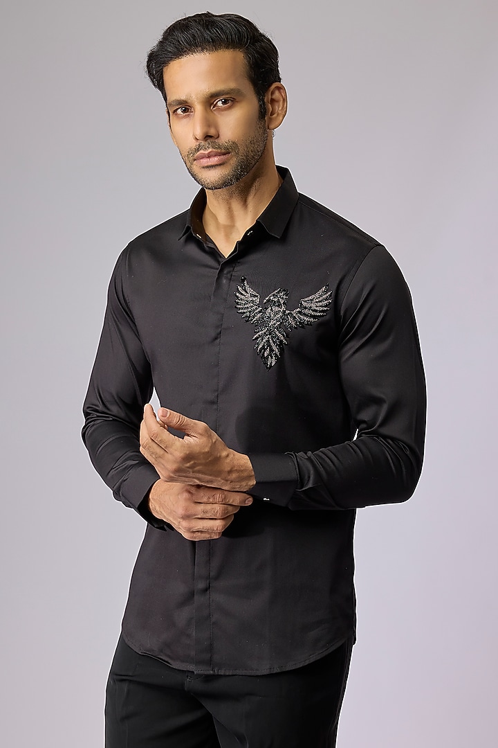 Black Cotton Shirt by SANJANA REDDY MEN