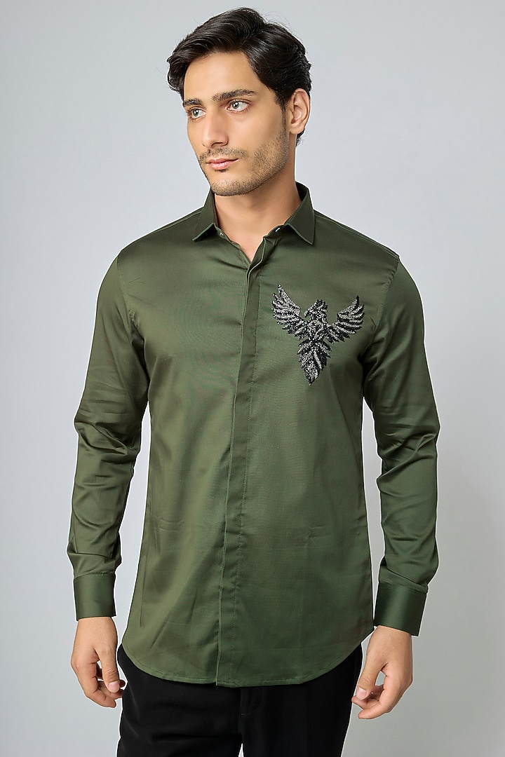 Olive Green Cotton Party Wear Shirt by SANJANA REDDY MEN at Pernia's Pop Up Shop