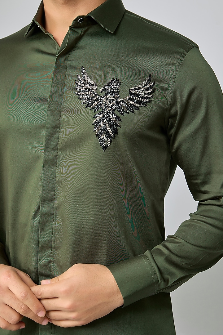 Olive Green Cotton Party Wear Shirt by SANJANA REDDY MEN at Pernia's Pop Up Shop