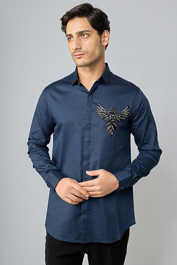 Navy Blue Cotton Party Wear Shirt by SANJANA REDDY MEN at Pernia's Pop Up Shop
