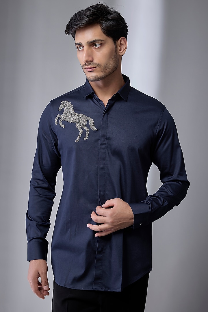 Blue Cotton Party Wear Shirt by SANJANA REDDY MEN at Pernia's Pop Up Shop
