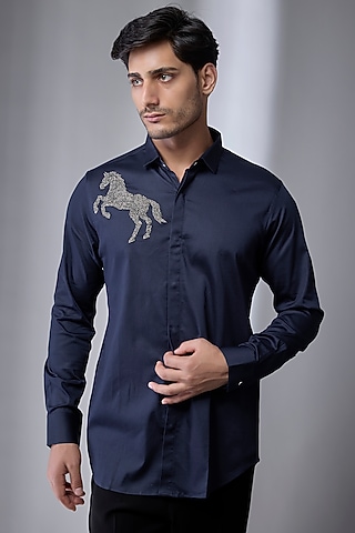 Blue Cotton Shirt by SANJANA REDDY MEN