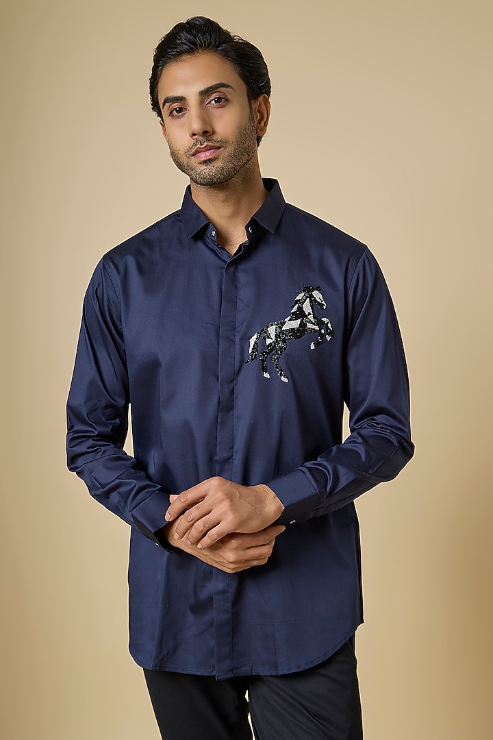 Blue Cotton Party Wear Shirt by SANJANA REDDY MEN at Pernia's Pop Up Shop