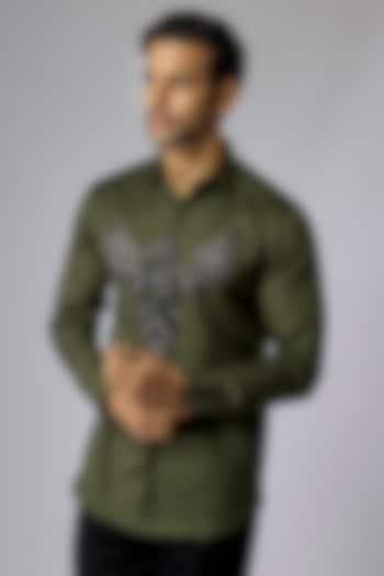 Olive Green Cotton Shirt by SANJANA REDDY MEN