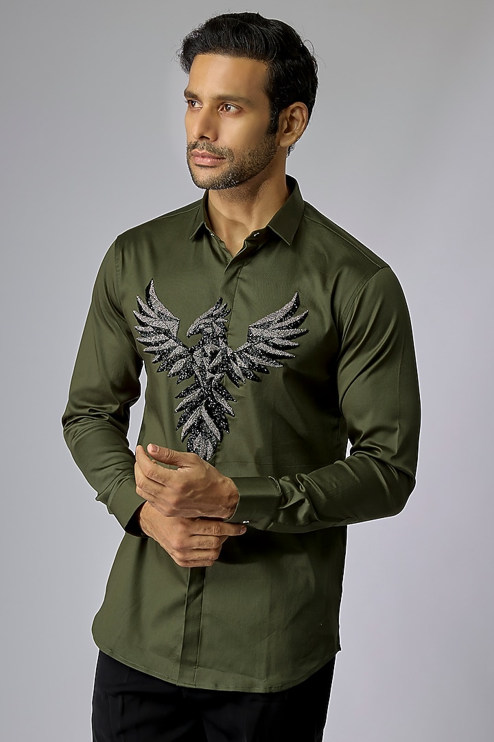 Olive Green Cotton Shirt by SANJANA REDDY MEN