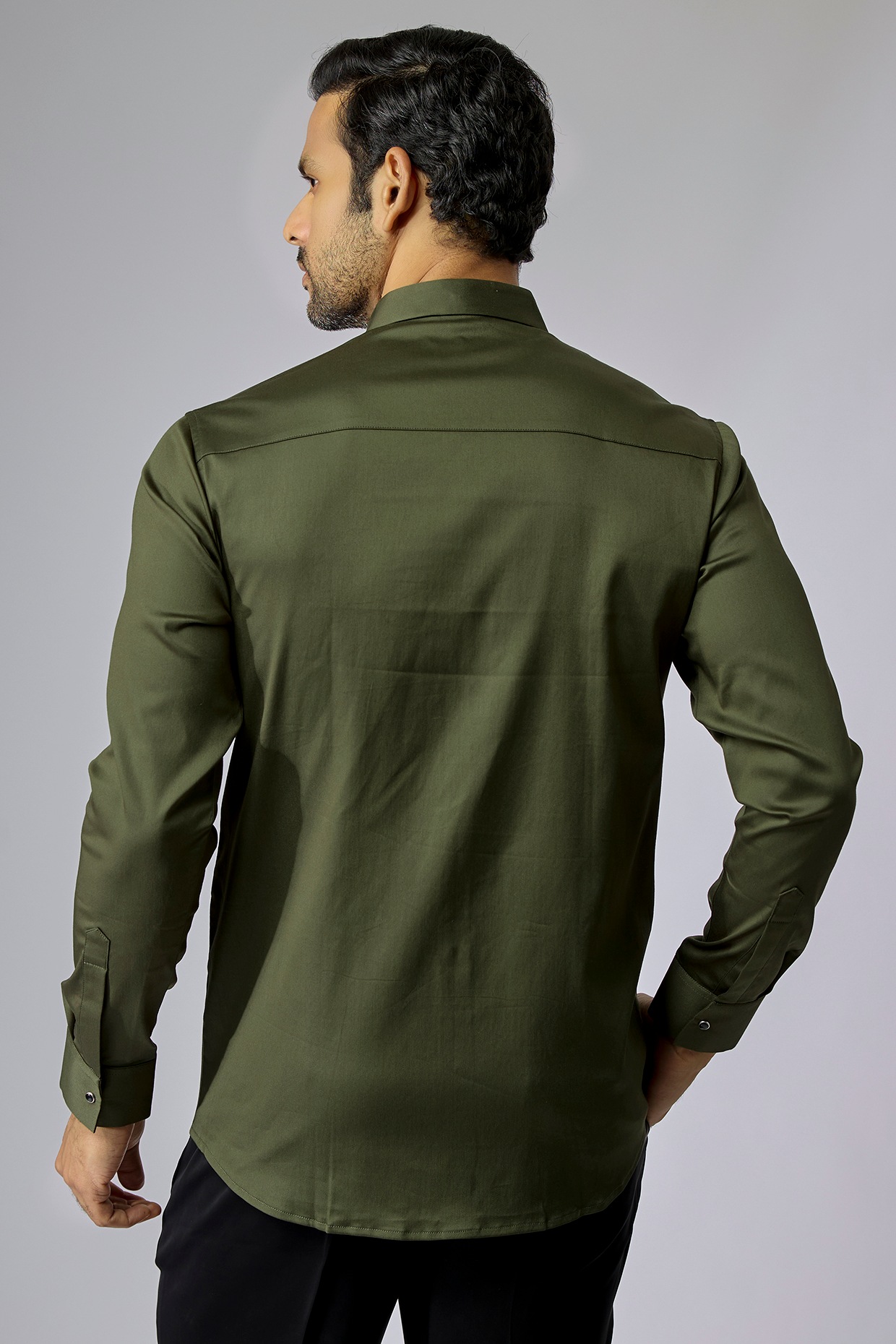 Olive Green Cotton Party Wear Shirt by SANJANA REDDY MEN at