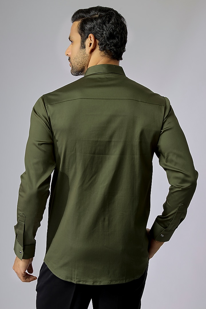 Olive Green Cotton Party Wear Shirt by SANJANA REDDY MEN at Pernia's Pop Up Shop
