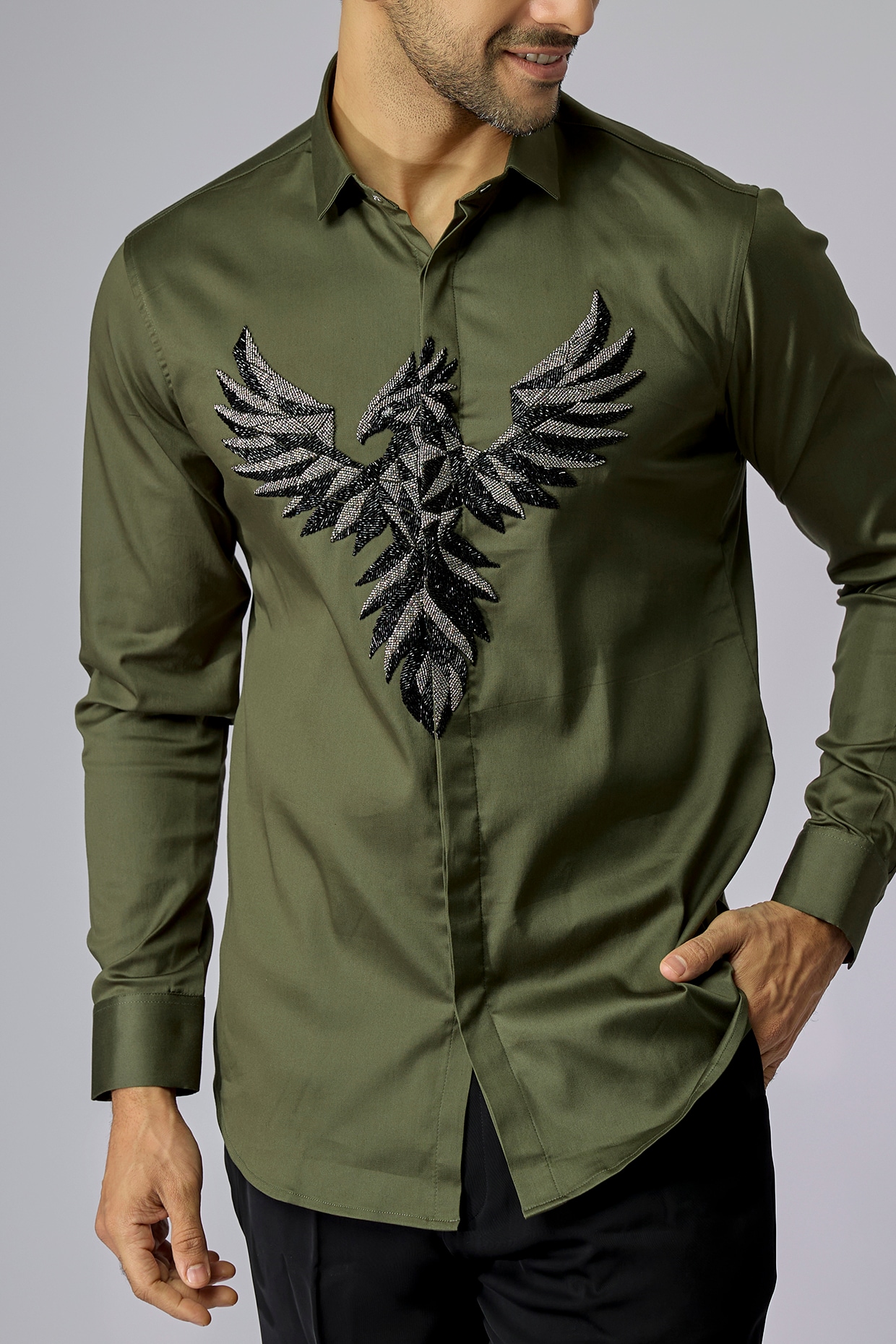 Olive Green Cotton Party Wear Shirt by SANJANA REDDY MEN at
