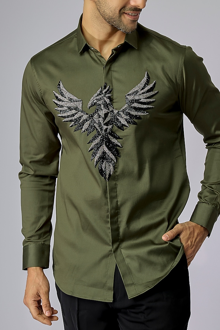 Olive Green Cotton Party Wear Shirt by SANJANA REDDY MEN at Pernia's Pop Up Shop