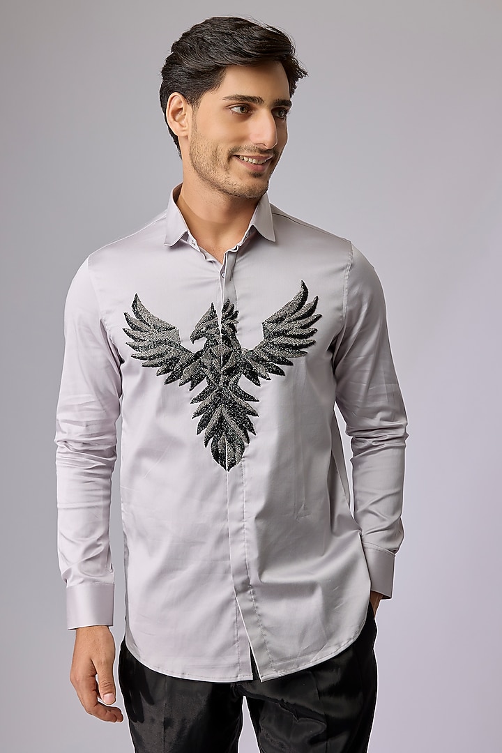 Grey Cotton Shirt by SANJANA REDDY MEN