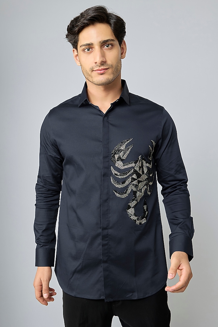 Navy Blue Cotton Party Wear Shirt by SANJANA REDDY MEN at Pernia's Pop Up Shop