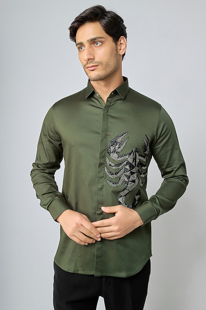 Olive Green Cotton Party Wear Shirt by SANJANA REDDY MEN at Pernia's Pop Up Shop