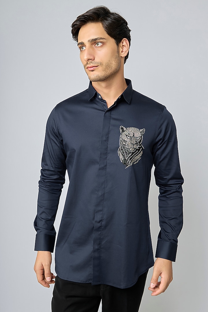 Blue Cotton Party Wear Shirt by SANJANA REDDY MEN at Pernia's Pop Up Shop