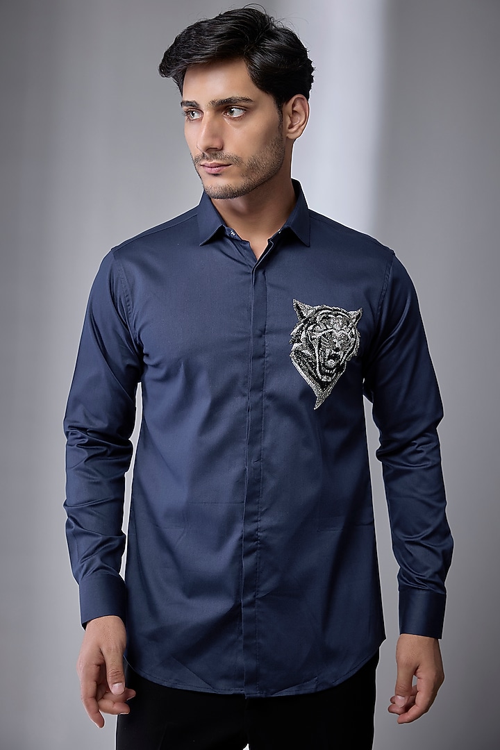 Blue Cotton Party Wear Shirt by SANJANA REDDY MEN at Pernia's Pop Up Shop