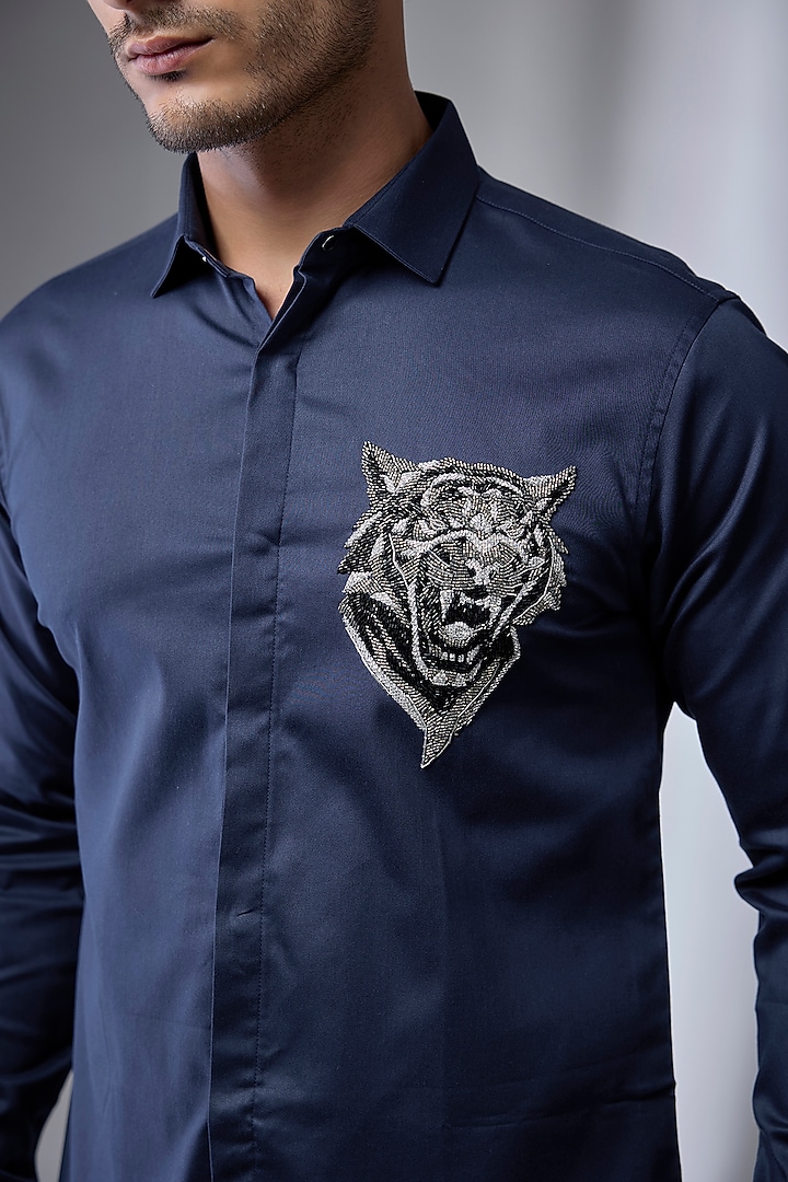Blue Cotton Party Wear Shirt by SANJANA REDDY MEN at Pernia's Pop Up Shop