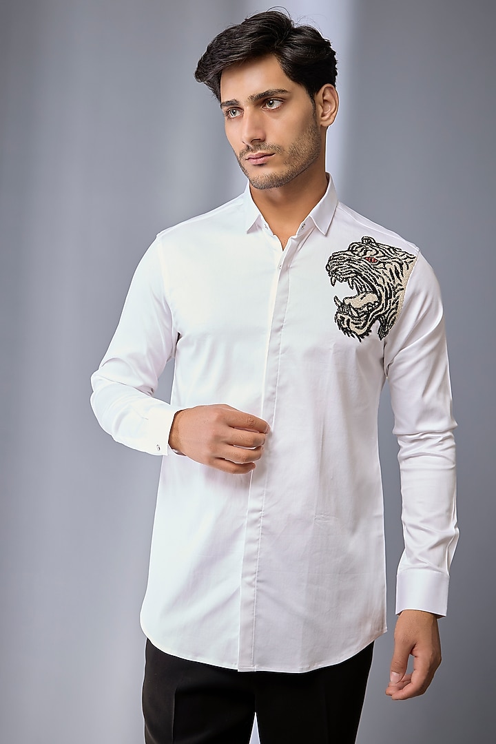 White Cotton Party Wear Shirt by SANJANA REDDY MEN at Pernia's Pop Up Shop