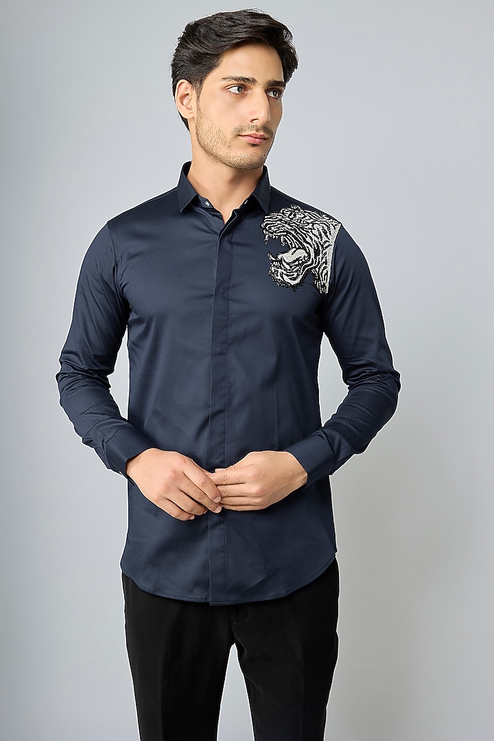 Blue Cotton Party Wear Shirt by SANJANA REDDY MEN at Pernia's Pop Up Shop