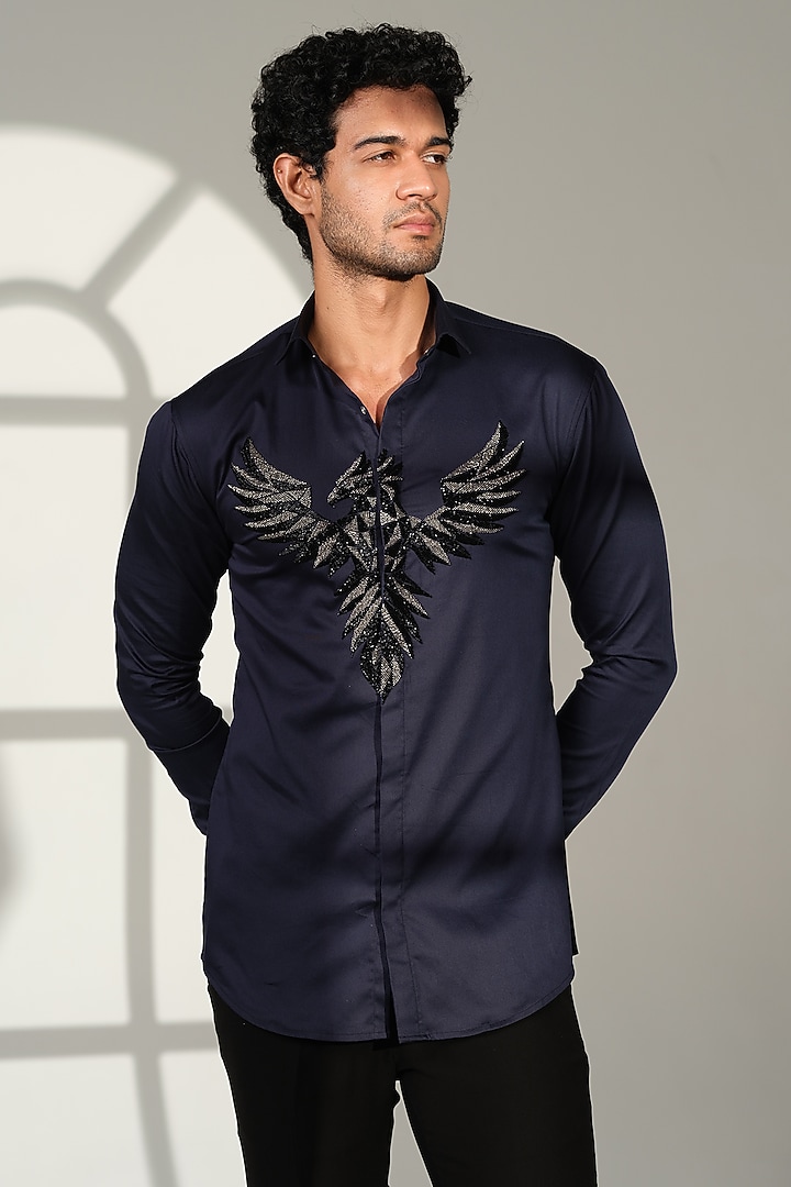 Navy Blue Stretchable Cotton Hand Embroidered Party Wear Shirt by SANJANA REDDY MEN at Pernia's Pop Up Shop
