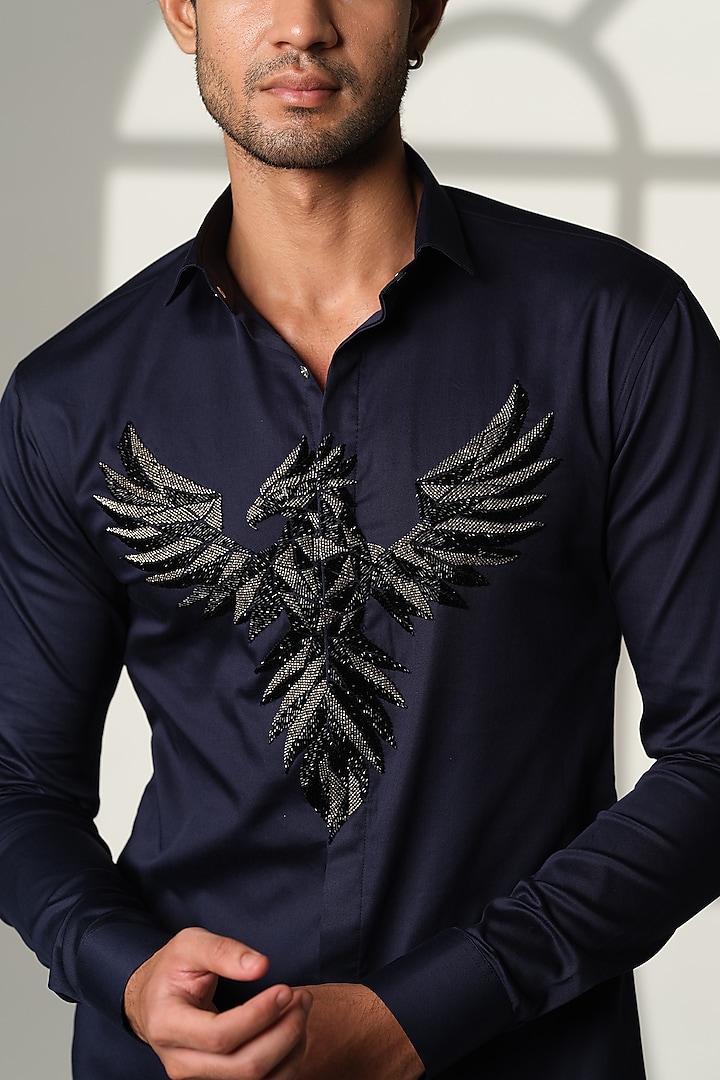 Navy Blue Stretchable Cotton Hand Embroidered Party Wear Shirt by SANJANA REDDY MEN at Pernia's Pop Up Shop