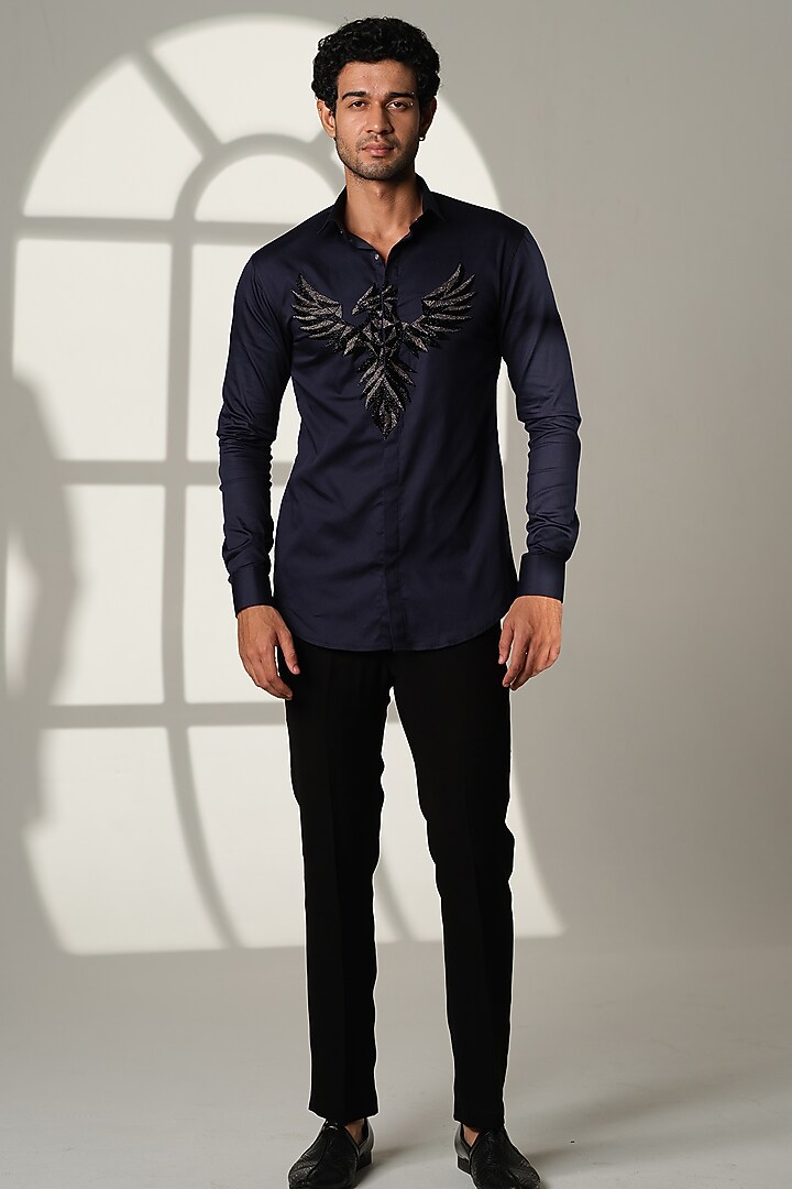 Navy Blue Stretchable Cotton Hand Embroidered Party Wear Shirt by SANJANA REDDY MEN at Pernia's Pop Up Shop