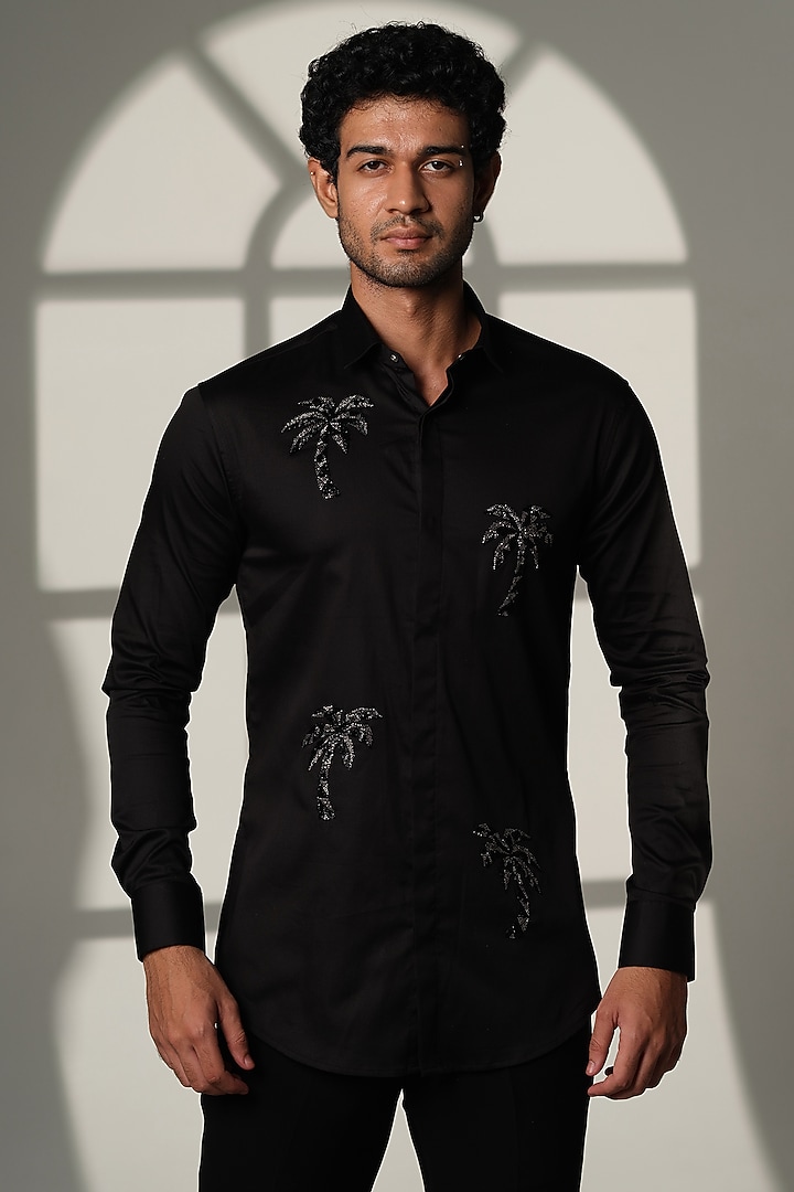 Black Stretchable Cotton Hand Embroidered Party Wear Shirt by SANJANA REDDY MEN at Pernia's Pop Up Shop