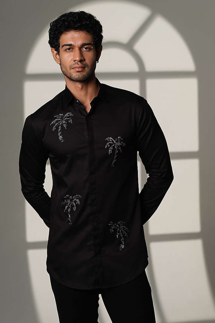 Black Stretchable Cotton Hand Embroidered Party Wear Shirt by SANJANA REDDY MEN at Pernia's Pop Up Shop