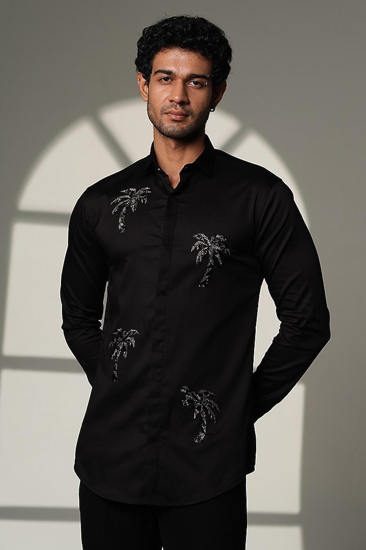 Black Stretchable Cotton Hand Embroidered Party Wear Shirt by SANJANA REDDY MEN at Pernia's Pop Up Shop
