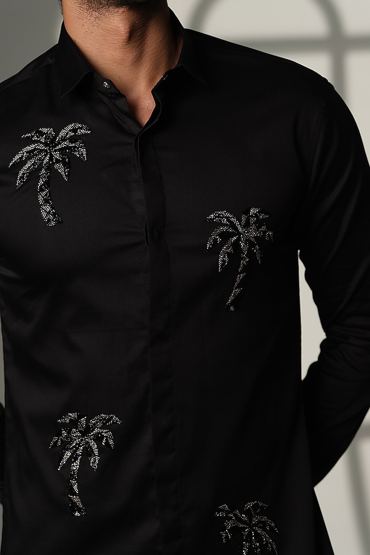 Black Stretchable Cotton Hand Embroidered Party Wear Shirt by SANJANA REDDY MEN at Pernia's Pop Up Shop